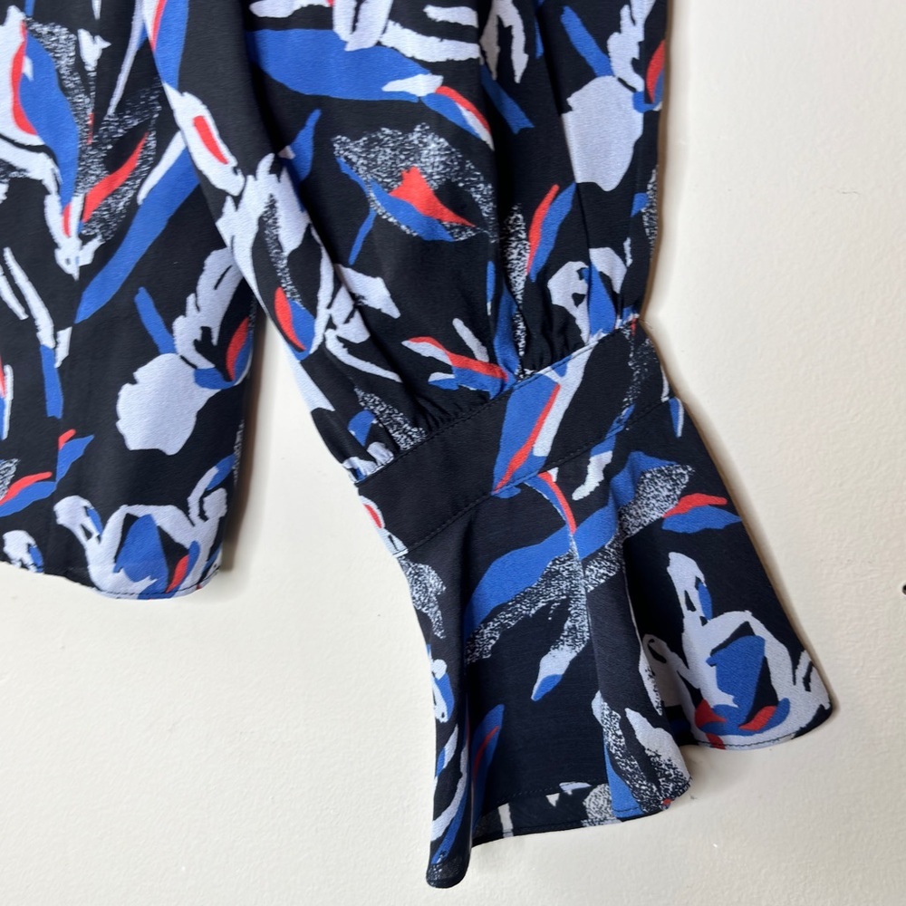 Tanya Taylor Orla Blue Black Red‎ Flora One Shoulder Silk Ruffle Top Size 12 - Picture 9 of 12